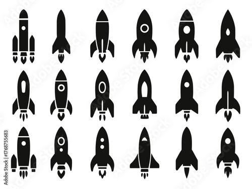 Silhouette collection of various rocket designs in simple black icons