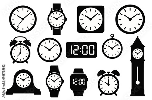 Variety of clock icons featuring analog and digital designs