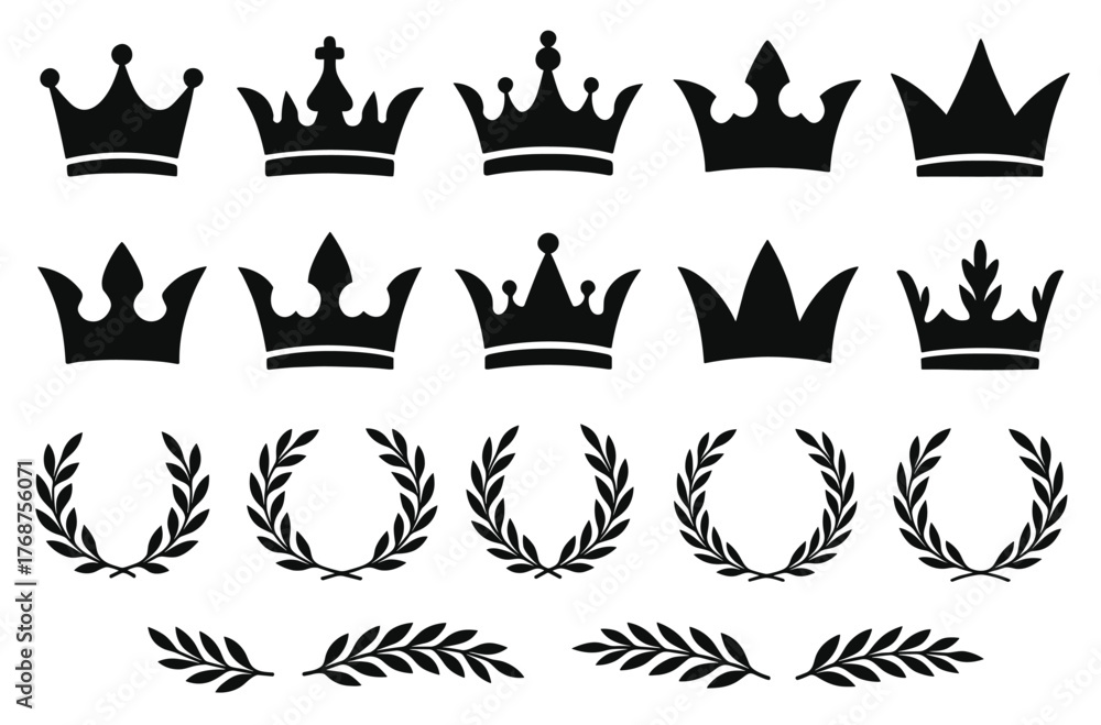 Naklejka premium Collection of black crown and laurel wreath silhouettes in various styles