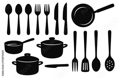 Silhouette of various kitchen utensils and cookware set in black