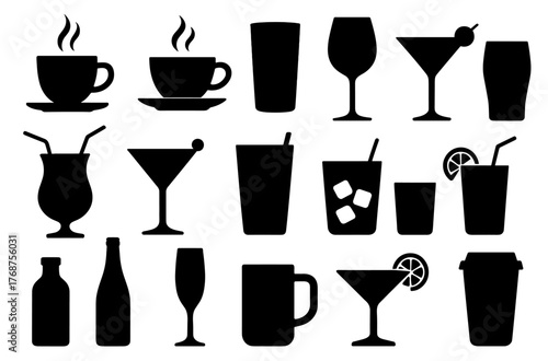 Silhouette collection of various drinkware and beverage containers
