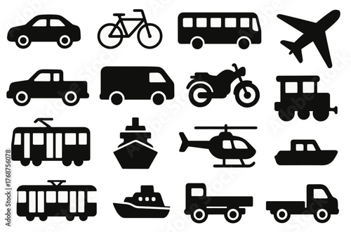 Silhouette icons of diverse transportation modes on white background