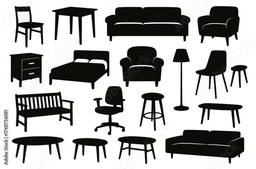 Collection of silhouette furniture including chairs, sofa, bed, and tables