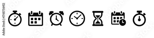 Collection of time management icons featuring clocks and calendars