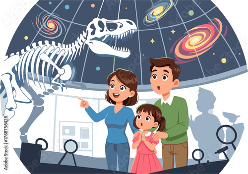 Family at a Museum Exploring a Dinosaur Exhibit and the Wonders of the Universe