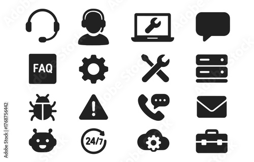 Essential tech and support icons set: tools, communication, faq, and maintenance symbols