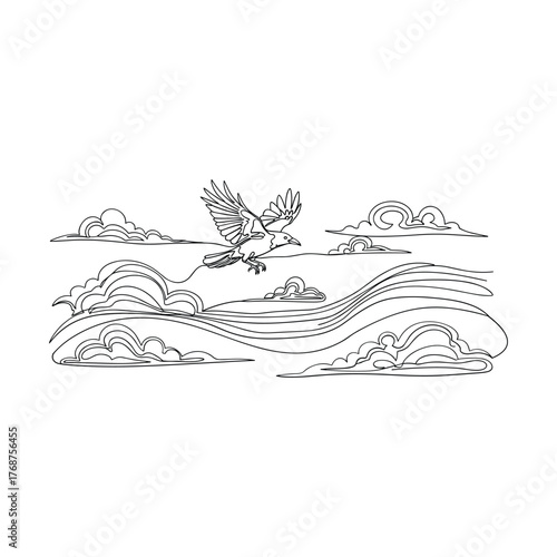 Traditional chinese ink wash painting of a serene mountainous landscape with flowing water