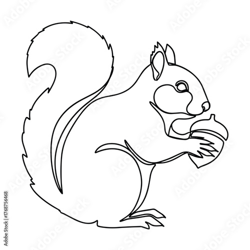 Simple line drawing of a squirrel holding an acorn with a bushy tail