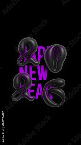 Vertical 4K video. Acid purple lilac text Happy New Year, hand drawn 3D liquid volumetric numbers 2026, black figures 2, 0, 6 falling on dark background. Animation for winter holiday, Merry Christmas