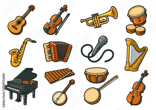 Collection of musical instruments: guitar, violin, trumpet, drums, piano, saxophone, microphone