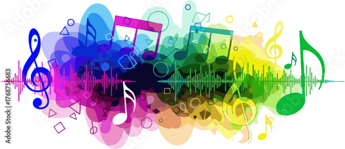 Vibrant abstract musical landscape, a colorful symphony of flowing notes and dynamic sound waves, evoking joy, creativity, and the essence of rhythmic harmony