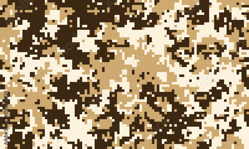 Abstract digital camouflage pattern in desert tones.  Perfect for backgrounds, textiles, or militarythemed designs.  The pixelated texture creates a sense of concealment and mystery.