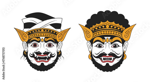 Two Balinese Barong Mask Vector Illustration Depicting Cultural Iconography and Heritage