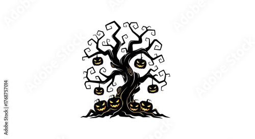 Spooky Halloween tree with jack-o'-lanterns creating a festive and eerie atmosphere perfect for
