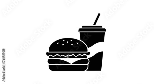 Iconic black and white illustration of a classic fast food combo meal consisting of a burger and