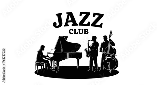 Elegant Jazz Club Vector Design Featuring Piano Saxophone and Double Bass Players Creating Music