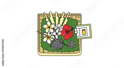 Traditional Balinese offering illustration showcasing flowers rice and incense sticks