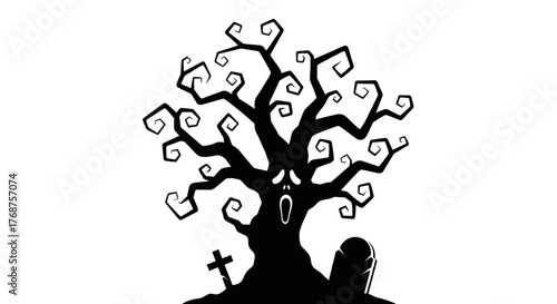 Creepy Halloween Tree with Spooky Face and Grave Icons on White Background Art