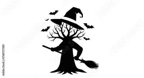 Spooky Halloween Illustration featuring a Tree Witch with Bats on a white background