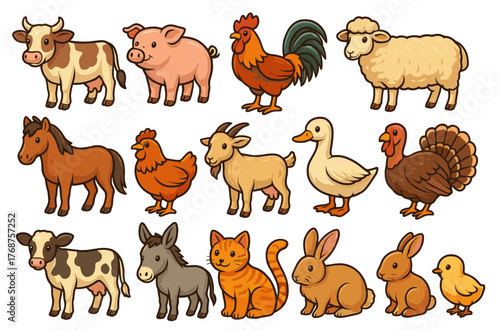 Colorful cartoon farm animals collection: cow, pig, rooster, sheep, horse, goat, goose, turkey, donkey, cat, rabbit, chick