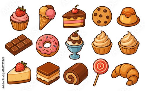 Delicious assorted desserts: cupcakes, ice cream, cake, cookies, chocolate