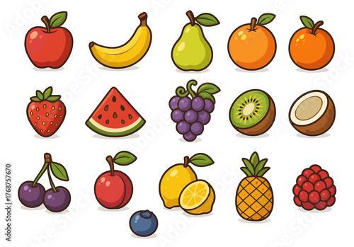 Colorful cartoon fruits collection featuring apples, bananas, pears, oranges, and more