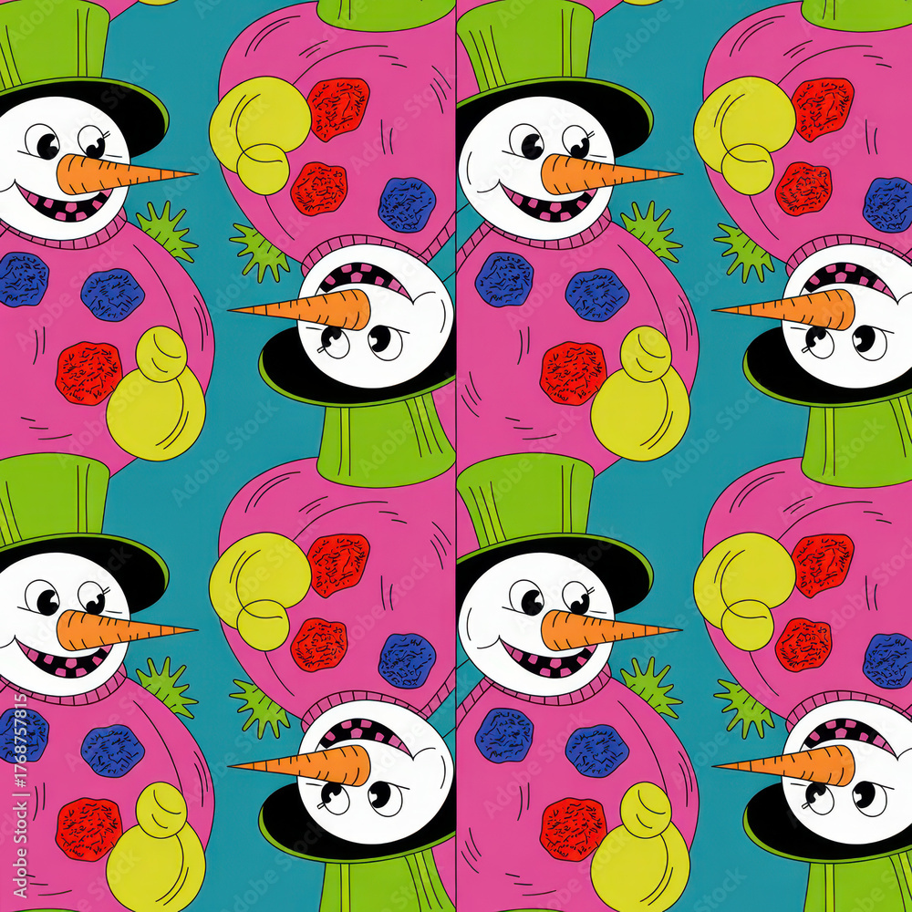 Naklejka premium Seamless pattern of cartoon snowmen colorful and whimsical perfect for festive backgrounds and textile designs
