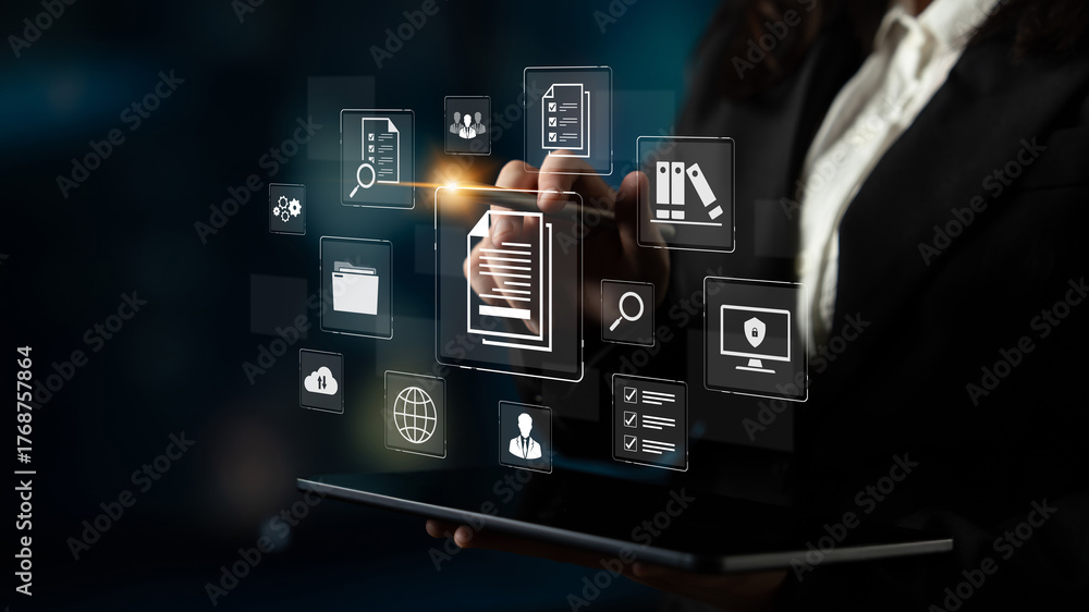 Obraz premium A comprehensive document management system for corporate data. This includes secure file storage, team collaboration, and compliance checks for all official business records. Fermion
