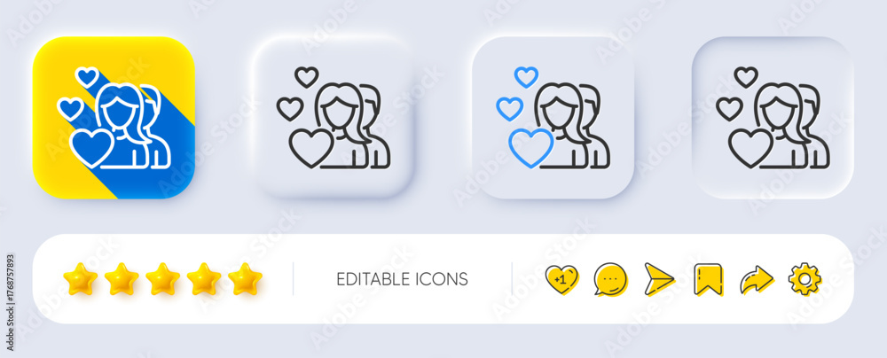 Fototapeta premium Couple Love line icon. Neumorphic, Flat shadow, 3d buttons. Group of People sign. Valentines day symbol. Line couple icon. Social media icons. Vector