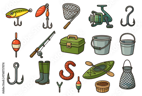 Fishing equipment collection: lures, hooks, rod, reel, tackle box, kayak, boots, net, bait, buckets