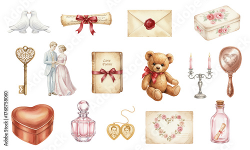 Watercolor Set of Vintage Romance and Valentine's Day Collection