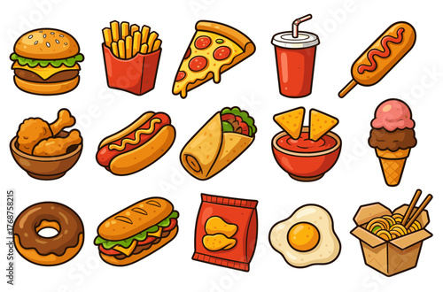 Colorful array of delicious fast food icons featuring burgers, pizza, and ice cream