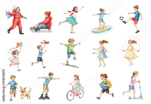Watercolor Collection of Kids Playing Sports and Outdoor Activities