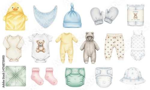 Watercolor Set of Newborn Baby Clothes and Accessories Collection