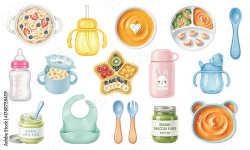 Watercolor Set of Baby Feeding Food and Accessories