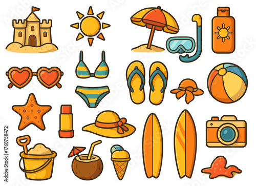 Colorful beach icons: sunglasses, sandcastle, surfboards, and summer fun