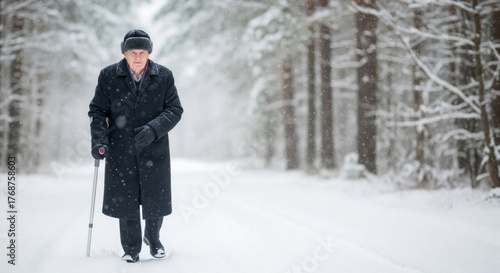 An elderly man with a walking cane walks on a snowy road through a winter forest. Senior person braving the cold weather during a snowfall. Copy space for text