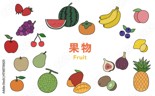 フラットイラスト：果物セット(アウトライン)