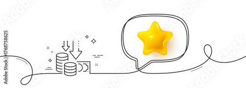 Deflation line icon. Continuous line with 3d star. Price reduction sign. Reduce rate symbol. 3d star in speech bubble. Deflation single line ribbon. Loop curve pattern. Vector