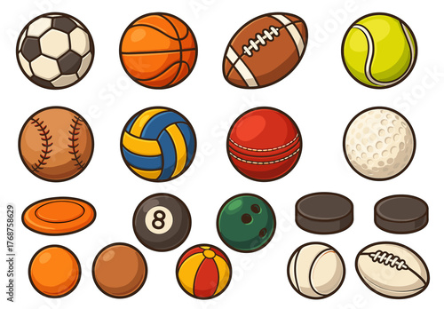 Collection of various sports balls and equipment illustrated with playful style