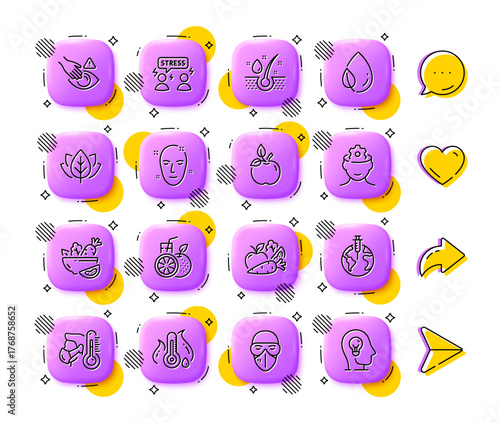 Serum oil, Health skin and Leaf dew line icons. App 3d buttons. Social media comment, share, like icons. Pack of Dont touch, Vegetables, Difficult stress icon. Vector