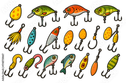 Colorful collection of fishing lures with hooks in various shapes and sizes