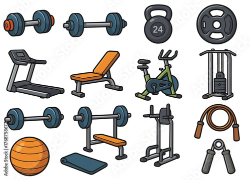 Collection of gym equipment icons: dumbbells, treadmill, kettlebell, exercise bike, weight bench