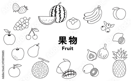 フラットイラスト：果物セット(モノクロ)