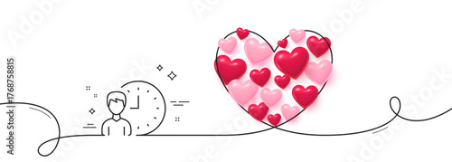 Business project deadline line icon. Continuous line big heart. Working hours or Time management sign. 3d hearts in heart shaped loop. Working hours single line ribbon. Loop curve pattern. Vector
