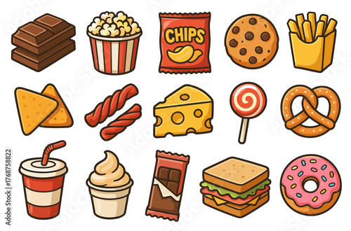 Assorted cartoon snacks with chips, chocolate, and pretzel on white background
