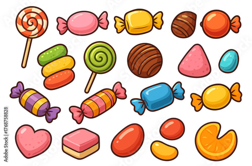 Colorful cartoon candies collection set on white background