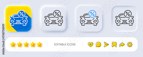 Car leasing percent line icon. Neumorphic, Flat shadow, 3d buttons. Transport loan sign. Credit percentage symbol. Line car leasing icon. Social media icons. Vector