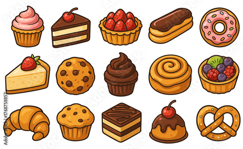 Assorted pastries and desserts collection with cupcakes, doughnuts, and tarts
