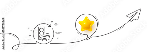 Change money line icon. Continuous line with share plane. Currency exchange sign. Transfer payment symbol. 3d star in speech bubble. Change money single line ribbon. Loop curve pattern. Vector